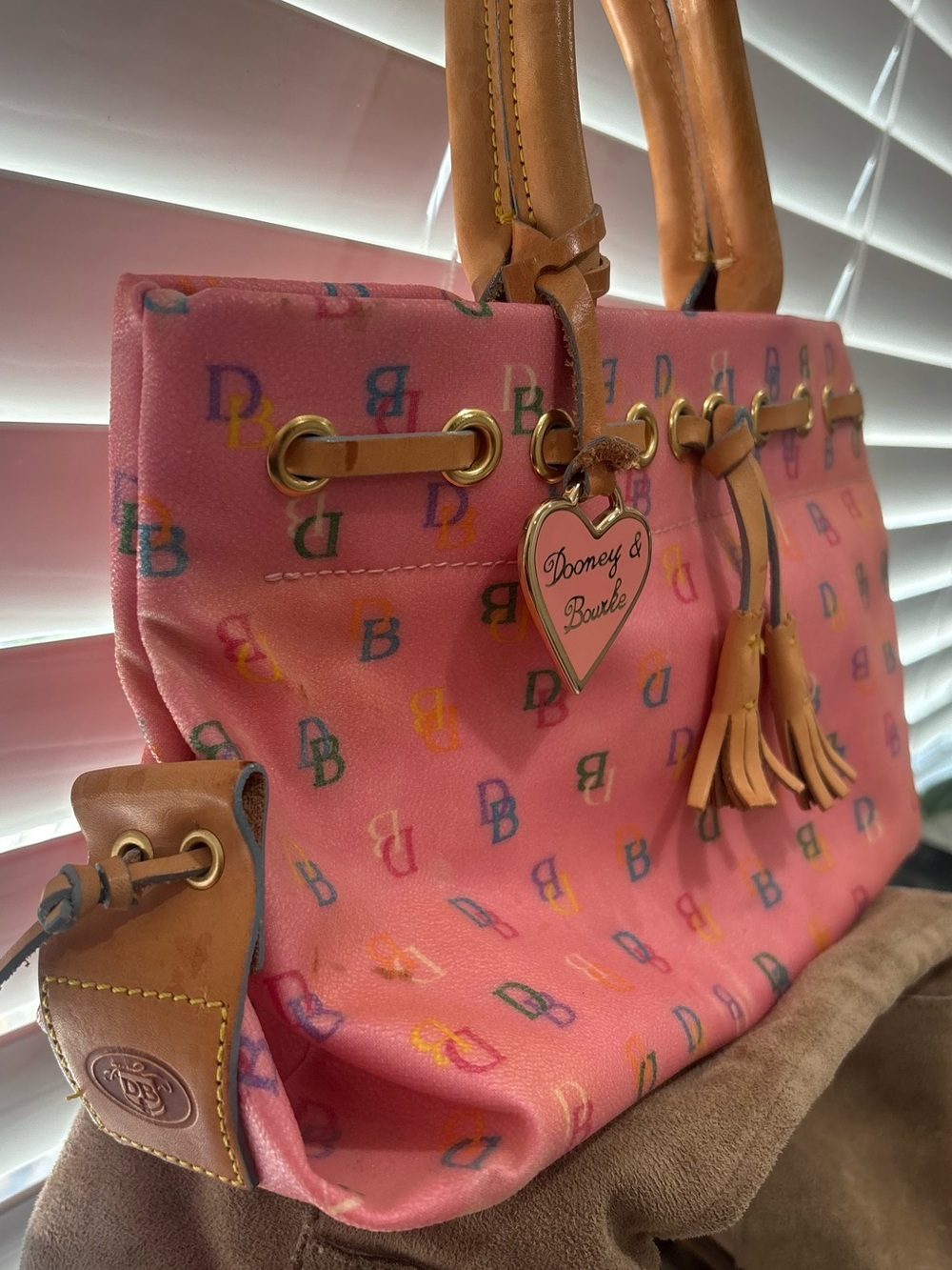 Dooney & Bourke Pink Monogram Canvas Tote with Tan Leather Trim - Picture 3 of 10